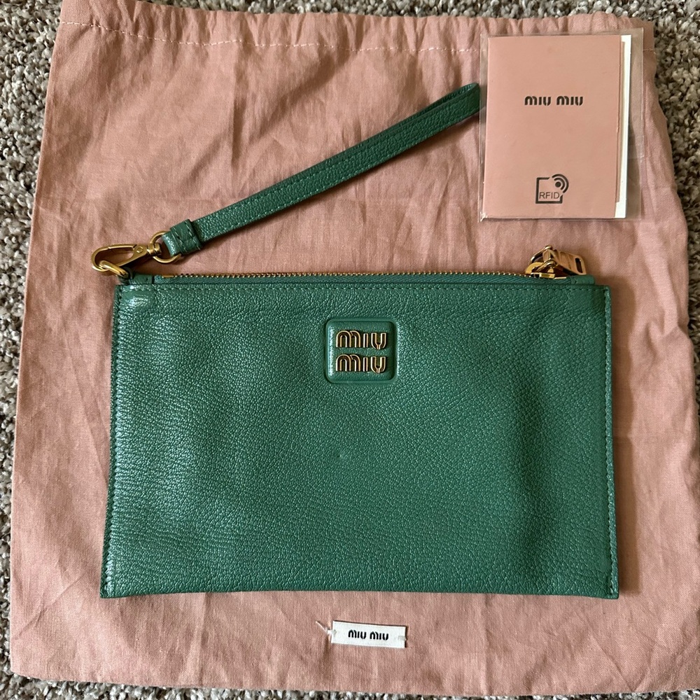Miu Miu Green Leather Wristlet Clutch with Gold Hardware; EUC; CLOSET CLEAR OUT!